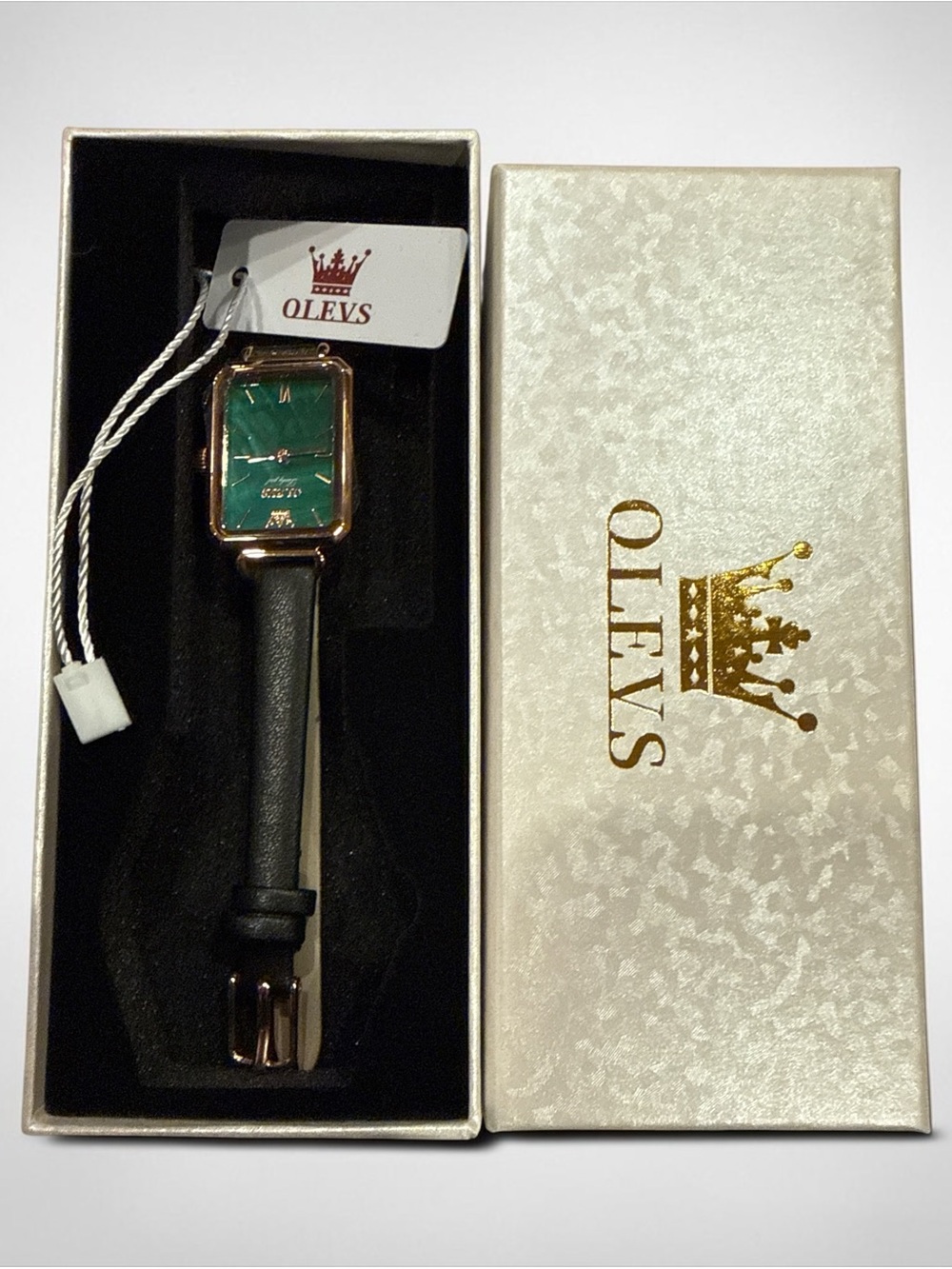 OLEVS Women's Black Leather Strap Watch with Green Dial